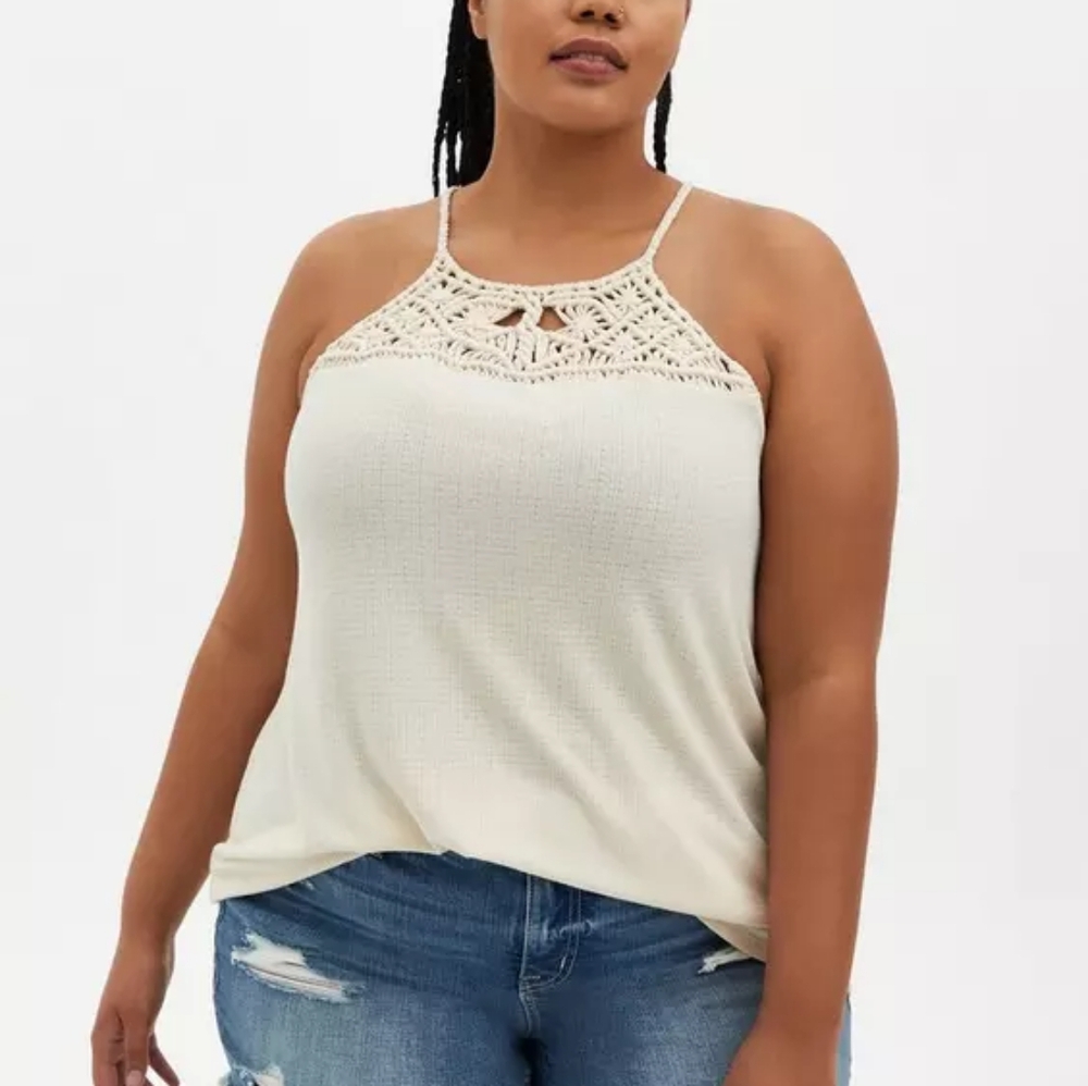 Torrid Knit Macrame High Neck Tank in Cream